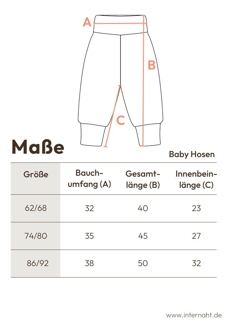 Baby Hose aus Nicki aus 100% Biobaumwolle von internaht - detaillierte Maßangaben