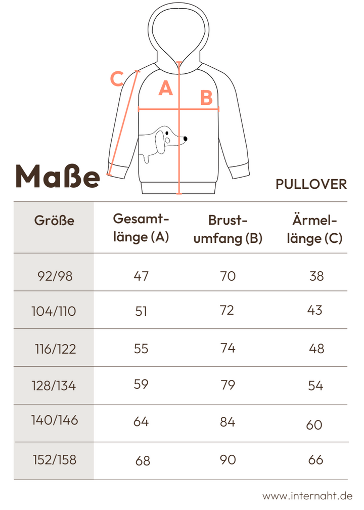 Tabelle mit den Maßangaben zum Kapuzenpullover für Kinder von internaht