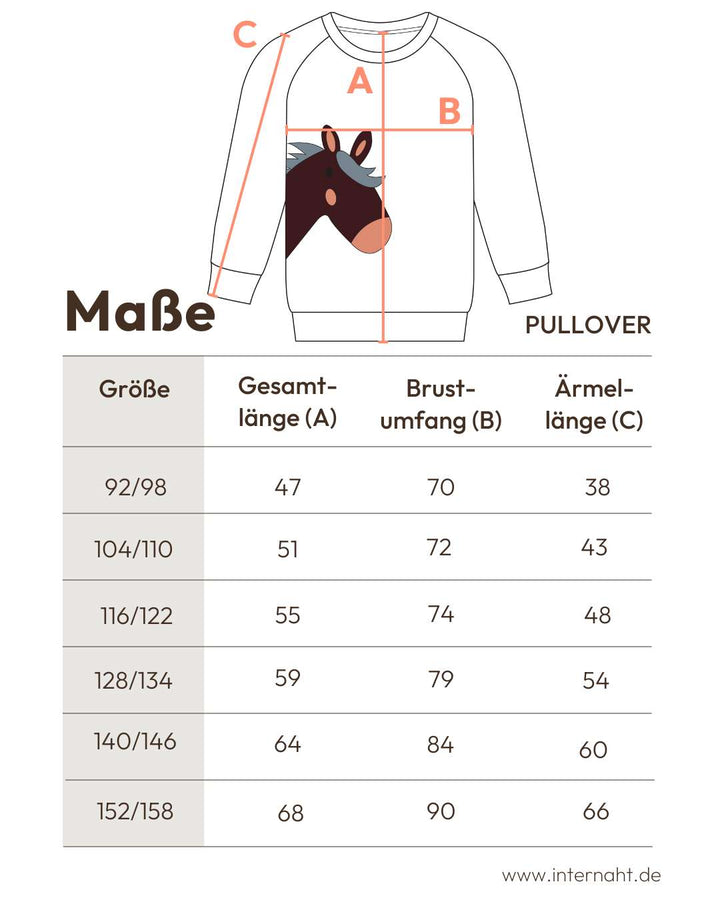 Tabelle mit den Maßangaben zum Kinder Pullover von internaht