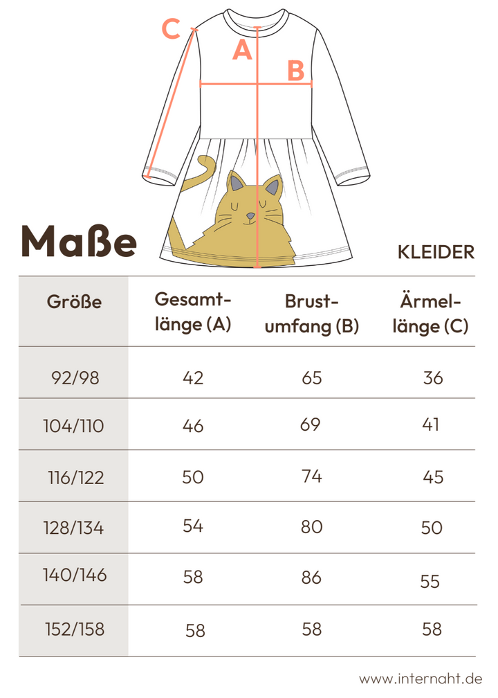 Tabelle mit den Maßangaben zum Sweatkleid für Kinder von internaht