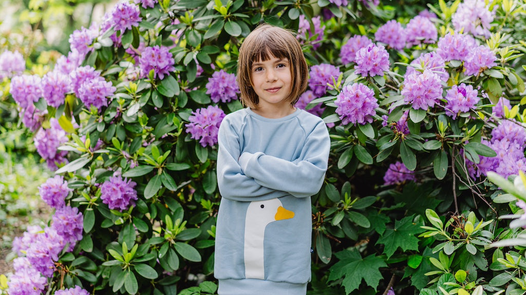 Nachhaltige Mode für Kinder, die Freude macht – fair genäht von internaht in Dresden, himmelblauer Kinder Pullover aus Bio Baumwolle mit Gans mit Liebe genäht von internaht