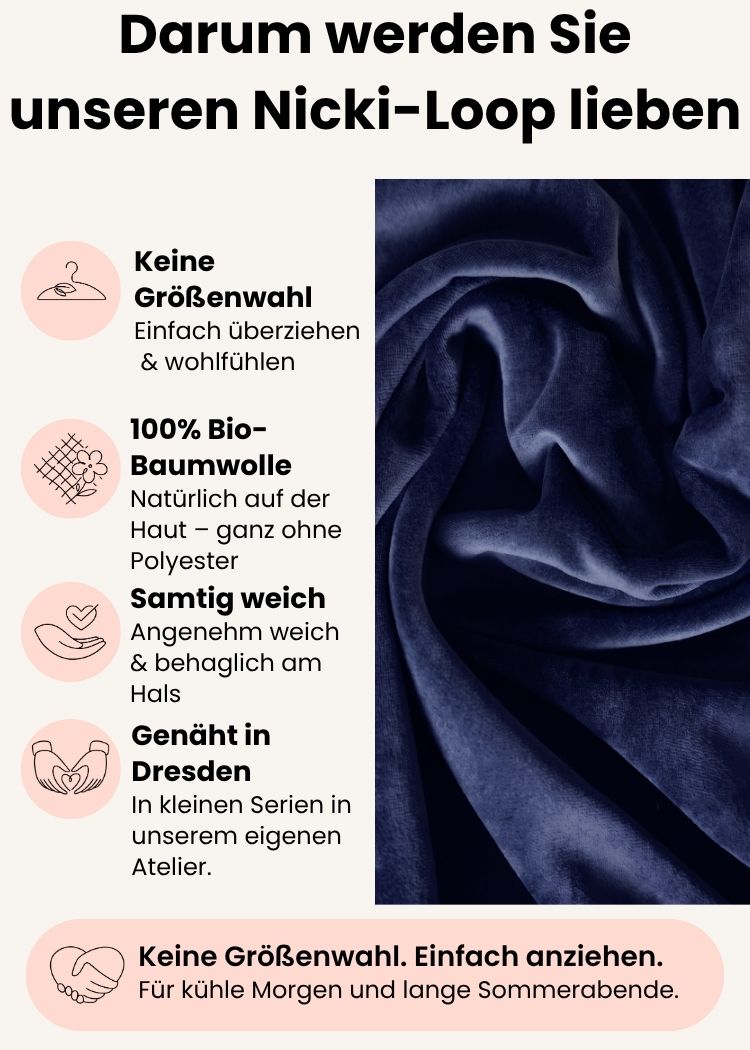 Vorteile des dunkelblauen Nicki-Loops aus Bio-Baumwolle – größenfrei und weich