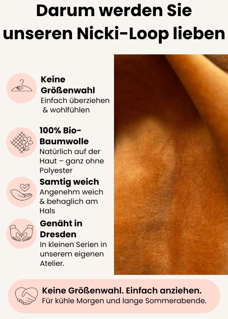Vorteile des Nicki-Loops aus Bio-Baumwolle in Karamell – größenfrei und weich