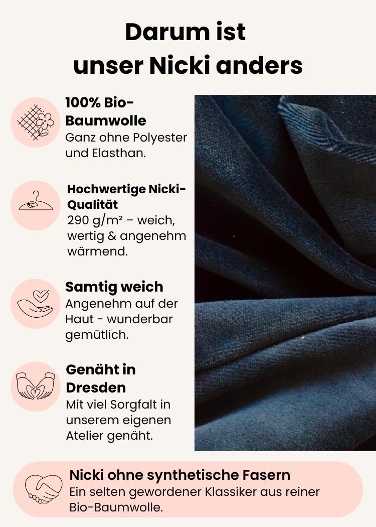 Damen Nicki Pullover aus 100 % Bio-Baumwolle ohne Polyester in Dunkelblau – weicher Nicki-Stoff in Bordeaux, gefertigt in Dresden