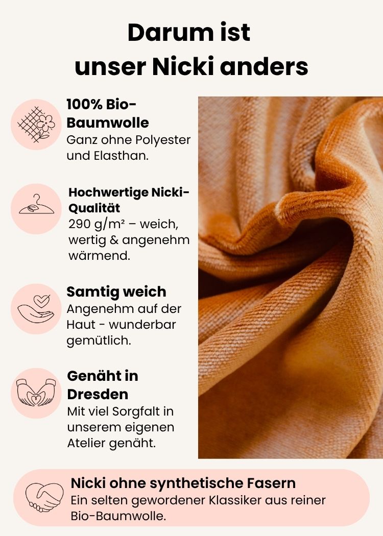 Damen Nicki Pullover aus 100 % Bio-Baumwolle ohne Polyester in Karamell – weicher Nicki-Stoff in Bordeaux, gefertigt in Dresden
