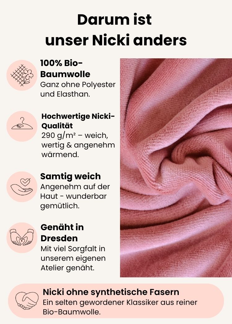 Damen Nicki Pullover aus 100 % Bio-Baumwolle ohne Polyester in Rosé – weicher Nicki-Stoff in Bordeaux, gefertigt in Dresden