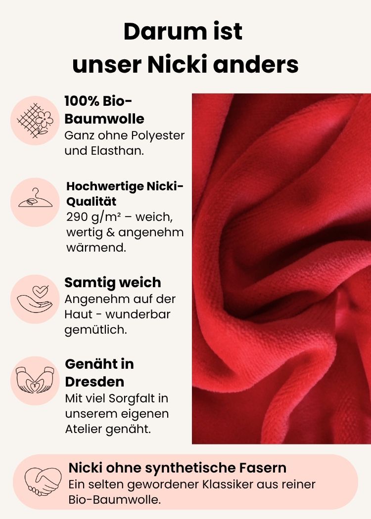 Damen Nicki Pullover aus 100 % Bio-Baumwolle ohne Polyester in Rot  – weicher Nicki-Stoff in Bordeaux, gefertigt in Dresden