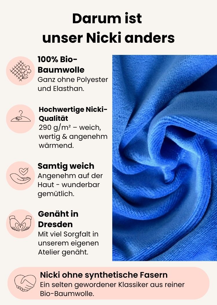 Damen Nicki Pullover aus 100 % Bio-Baumwolle ohne Polyester in Royalblau – weicher Nicki-Stoff in Bordeaux, gefertigt in Dresden