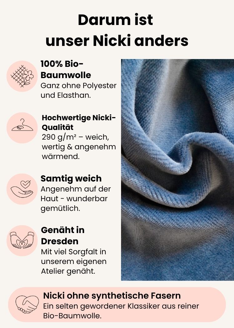 Damen Nicki Pullover aus 100 % Bio-Baumwolle ohne Polyester in Taubenblau – weicher Nicki-Stoff in Bordeaux, gefertigt in Dresden