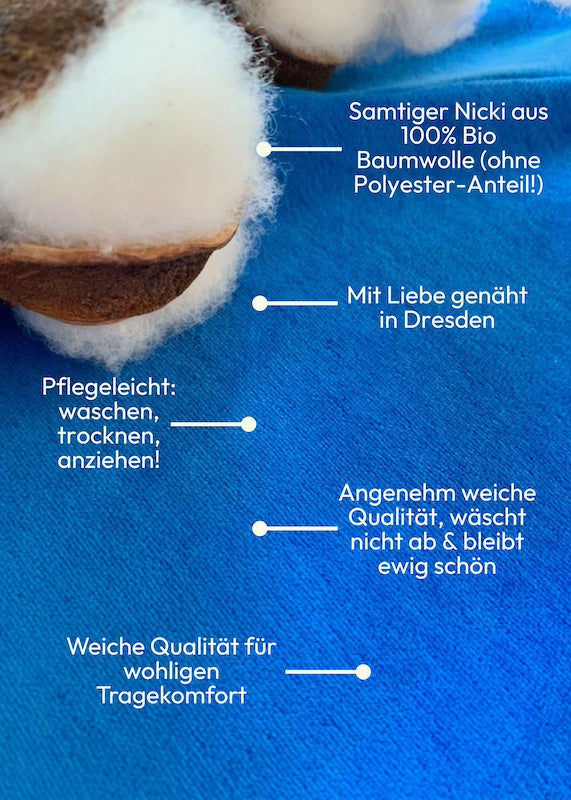 Samtweicher Bio-Nicki aus 100 % Baumwolle – Detailansicht Biostoffe zum Nicki Pulli in royalblau 