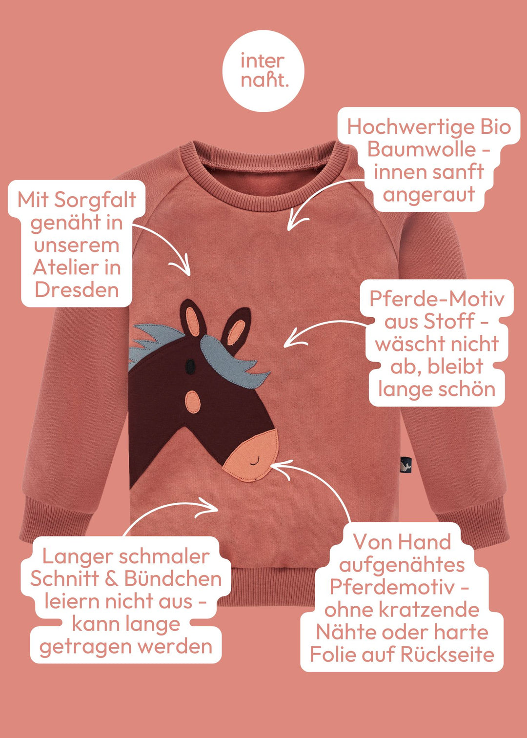 Die Vorteile des Pferde Pullover für Mädchen in Rosenholz aus 100% Bio Baumwolle von internaht