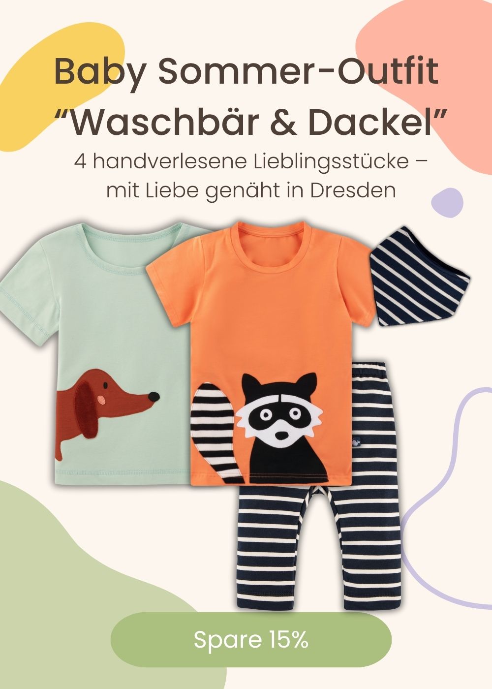 Baby Outfit bestehend aus T-Shirt miit Waschbär in orange oder T-Shirt mit Dackel in Mintgrün, Baby Halstuch und Baby Hose gestreift in Navy-Ecru - alles aus Bio-Baumwolle und in Deutschland genäht von internaht