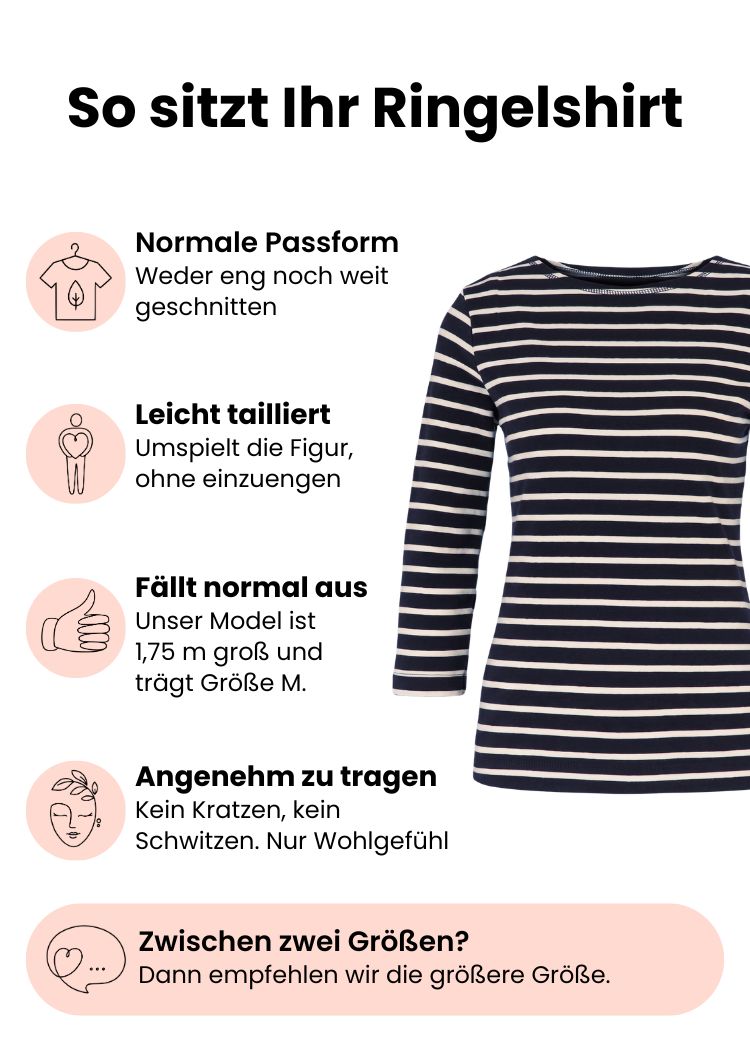 Ringelshirt Damen Dreiviertel-Arm aus Bio-Baumwolle navy-ecru mit normaler Passform – Grafik zu Schnitt, Passform und Größenempfehlung.