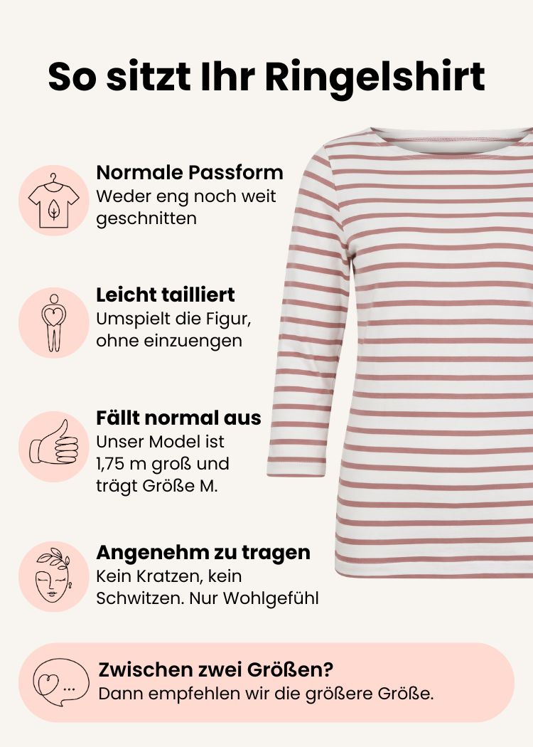 Ringelshirt Damen 3/4-Arm aus Bio-Baumwolle ecru-rosenholz mit normaler Passform – Grafik zu Schnitt, Passform und Größenempfehlung.