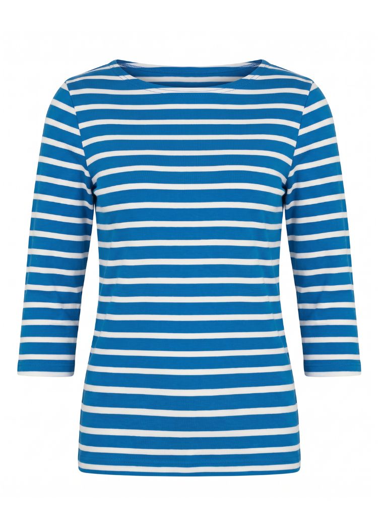 Streifenshirt Damen mit Dreiviertel-Arm in Petrol-Weiß – Detailansicht Streifen, Bio-Baumwolle (kbA) aus hochwertiger Manufakturarbeit von internaht