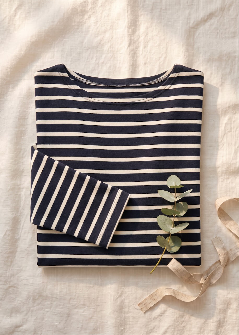 Ringelshirt Damen 3/4 Arm in zeitlosem Streifenmuster navy-ecru aus hochwertiger Bio-Baumwolle von internaht
