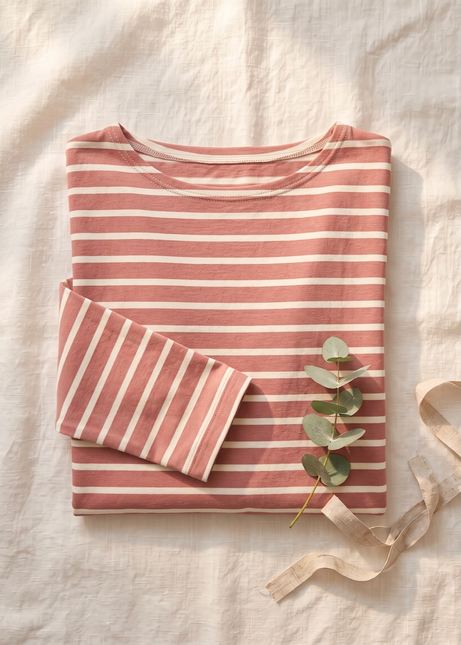 Ringelshirt Damen 3/4 Arm in zeitlosem Streifenmuster rosenholz-ecru aus hochwertiger Bio-Baumwolle von internaht