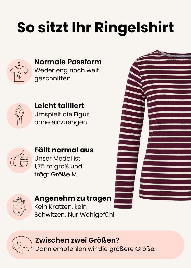 Ringelshirt Damen aus Bio-Baumwolle bordeaux-ecru mit normaler Passform – Grafik zu Schnitt, Passform und Größenempfehlung.