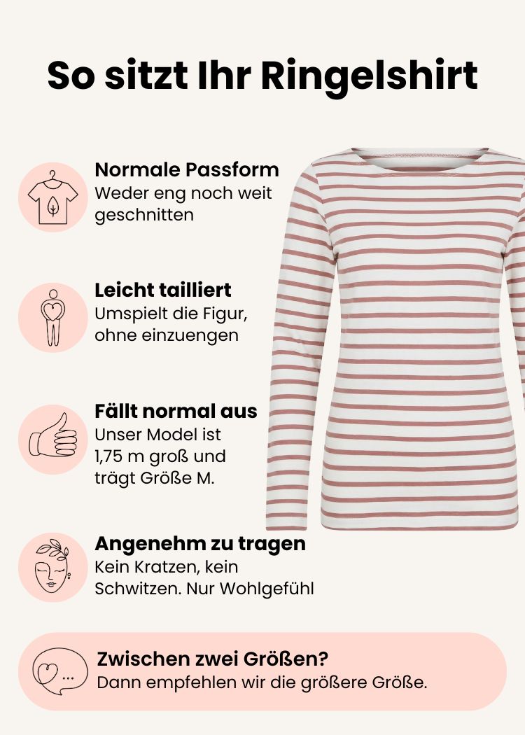 Ringelshirt Damen aus Bio-Baumwolle ecru-rosenholz mit normaler Passform – Grafik zu Schnitt, Passform und Größenempfehlung.