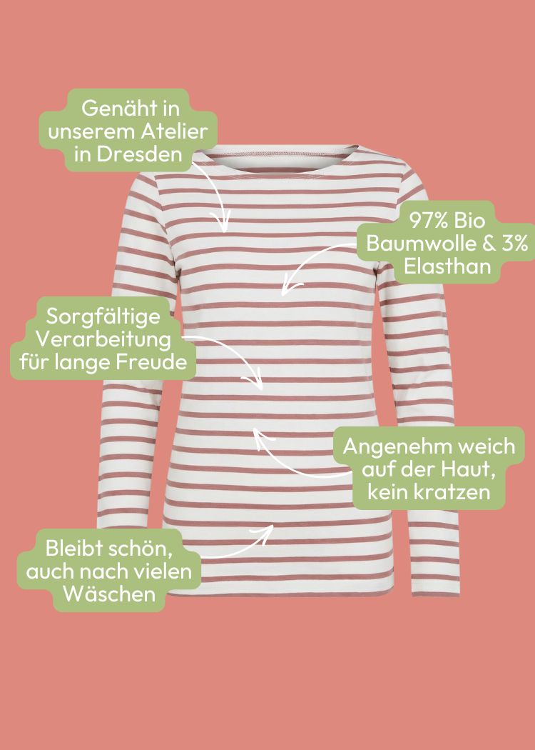 Gestreiftes Shirt Damen – nachhaltig hergestellt und besonders weich, zeitloses Streifenmuster in ecru-rosenholz aus hochwertiger Bio-Baumwolle