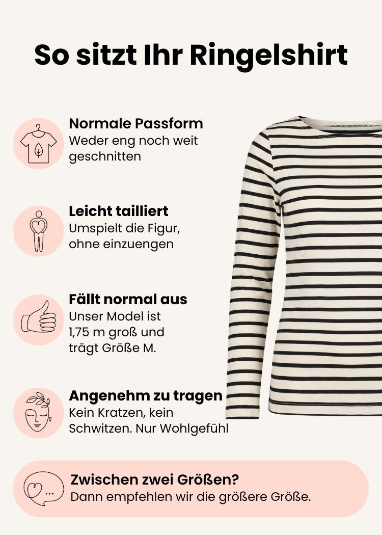 Ringelshirt Damen aus Bio-Baumwolle ecru-schwarz mit normaler Passform – Grafik zu Schnitt, Passform und Größenempfehlung.