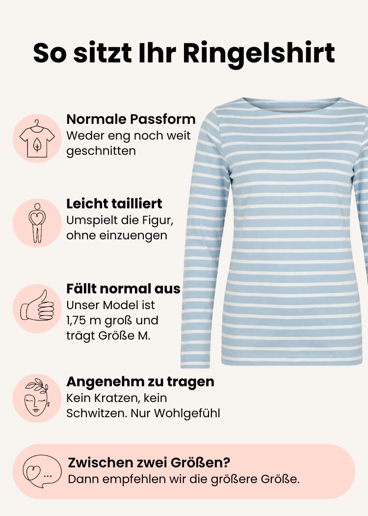 Ringelshirt Damen aus Bio-Baumwolle hellblau-weiß gestreift mit normaler Passform – Grafik zu Schnitt, Passform und Größenempfehlung.