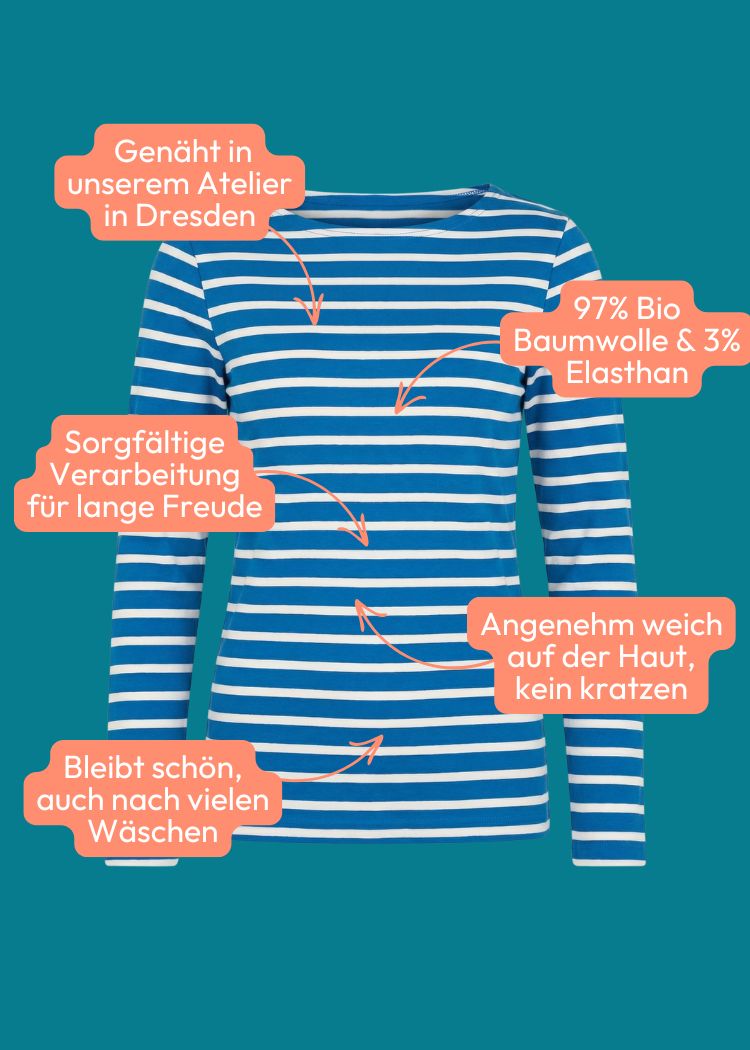 Damen Langarmshirt aus Bio-Baumwolle im klassischen Streifendesign petrol/weiß genäht in Deutschland von internaht