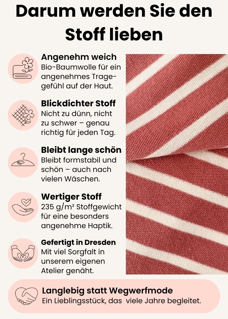 Ringelshirt Damen aus Bio-Baumwolle – Detailansicht des hochwertigen Stoffes mit Streifen Rosenholz-Ecru Informationen zu Tragekomfort, Formstabilität und Verarbeitung.