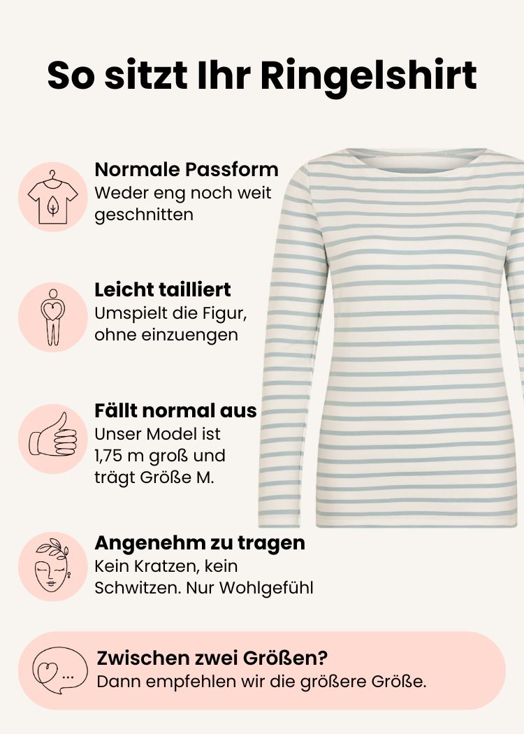Ringelshirt Damen aus Bio-Baumwolle weiß-hellblau mit normaler Passform – Grafik zu Schnitt, Passform und Größenempfehlung.