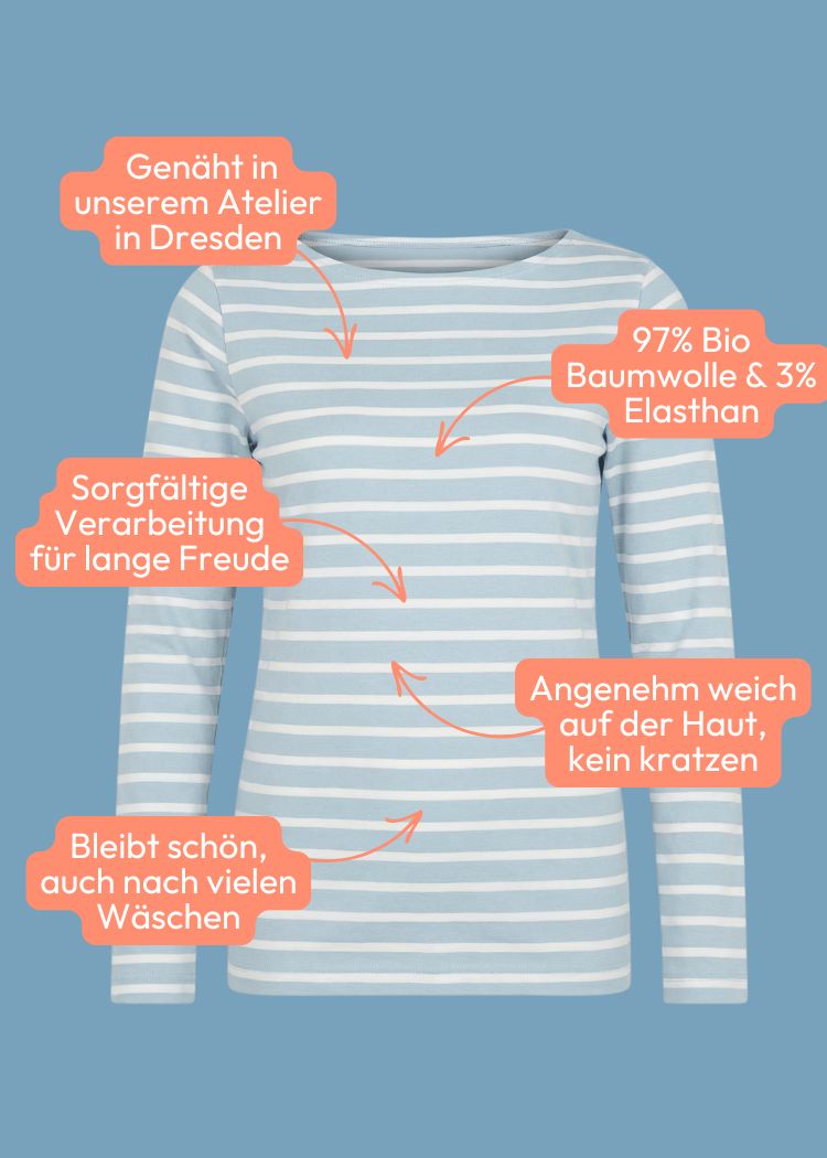 Gestreiftes Shirt Damen hellblau-weiß gestreift – nachhaltig hergestellt und besonders weich, zeitloses Streifenmuster aus hochwertiger Bio-Baumwolle