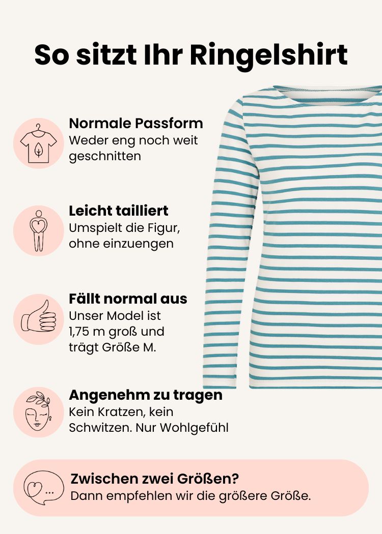 Ringelshirt Damen aus Bio-Baumwolle weiß-petrol mit normaler Passform – Grafik zu Schnitt, Passform und Größenempfehlung.