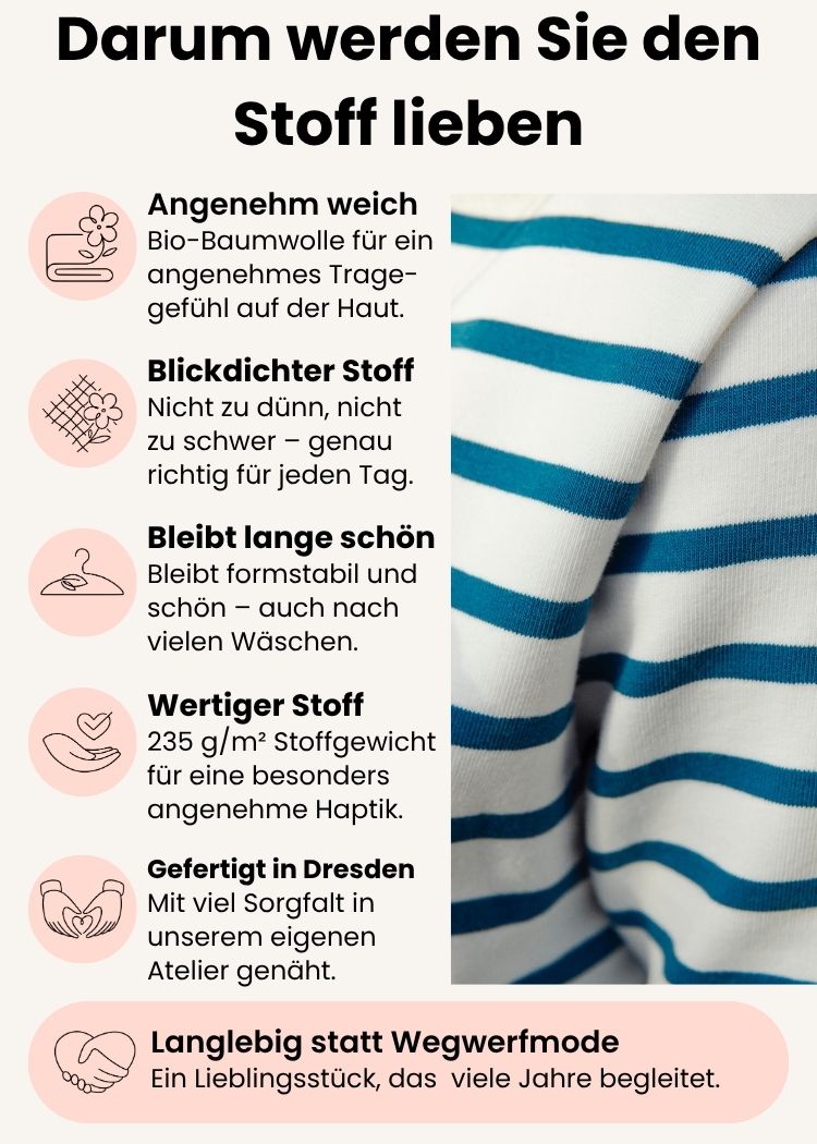 Ringelshirt Damen aus Bio-Baumwolle – Detailansicht des hochwertigen Stoffes mit Streifen Weiß-Petrol Informationen zu Tragekomfort, Formstabilität und Verarbeitung.