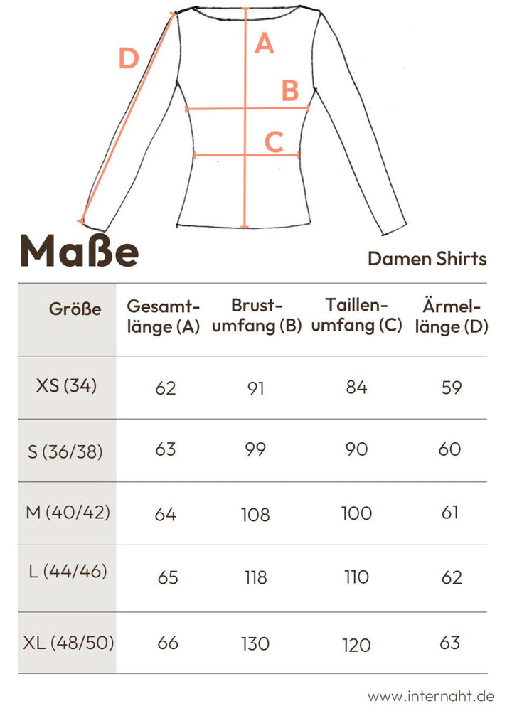 Ringelshirts für Damen aus Bio Baumwolle von internaht - Detaillierte Masstabelle mit Kleidungsmassen 
