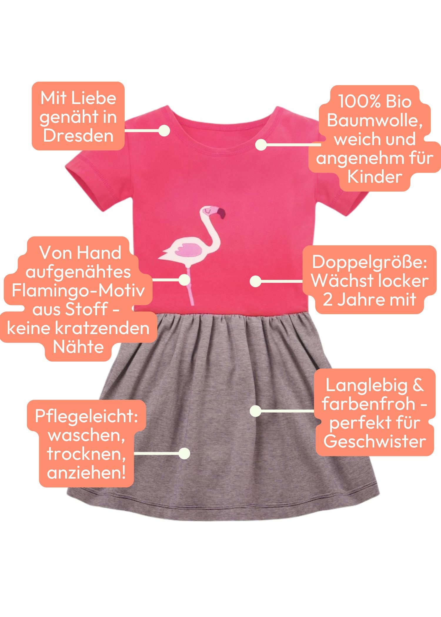 Schöne Mädchenkleidung mit Liebe genäht - Vorteile des Sommerkleides mit Flamingo auf einen Blick