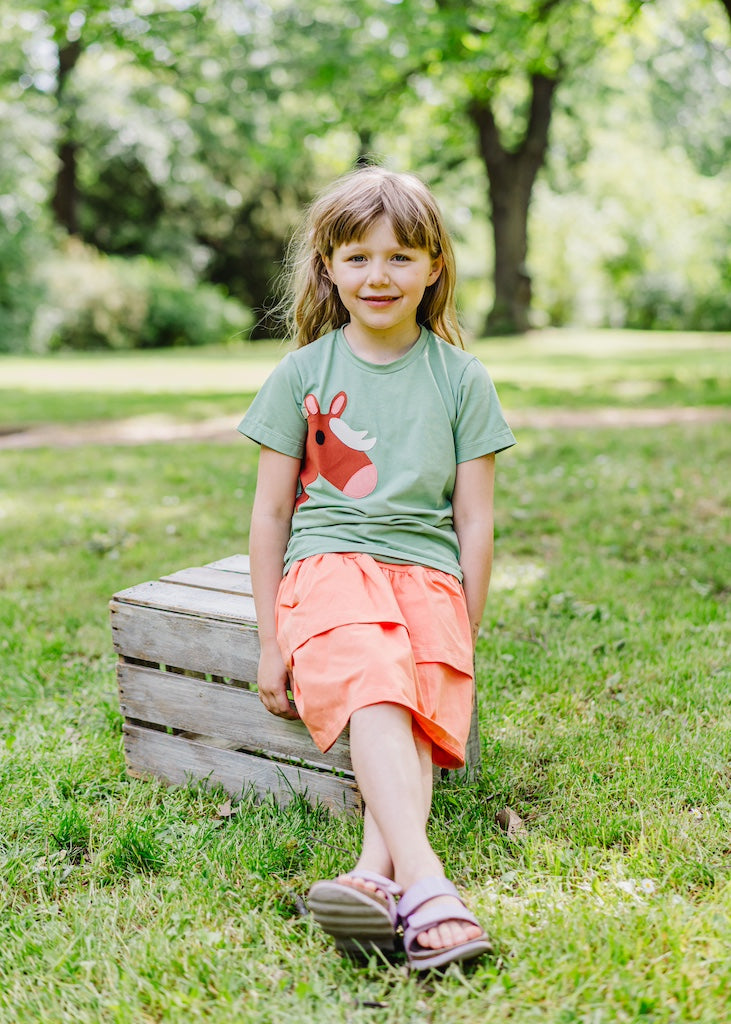 Schöne Mädchenkleidung aus zertifizierten Biostoffen - Kinder T-Shirt mit liebevollen Pferdemotiv und Stufenrock Mädchen in Orannge handgemacht in Dresden