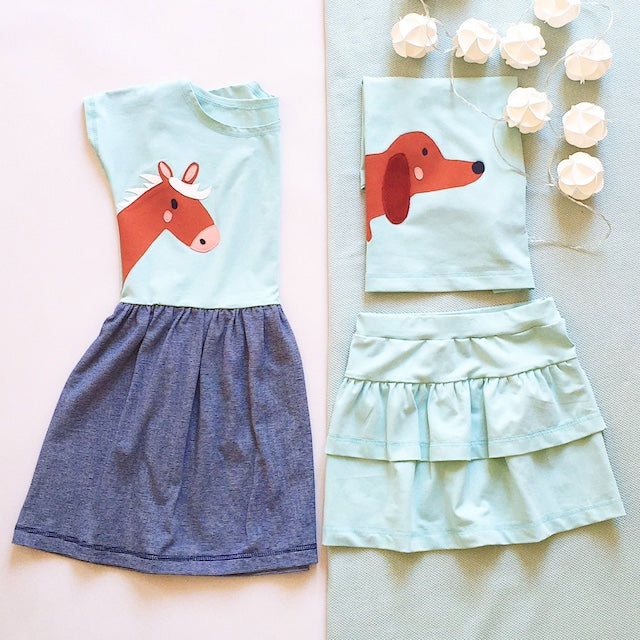 Stufenrock für Mädchen aus Bio-Baumwolle in Mintgrün von internaht, Collage mit Sommerkleid Pferd und Kinder T-Shirt mit Dackel ebenfalls in Mintgrün