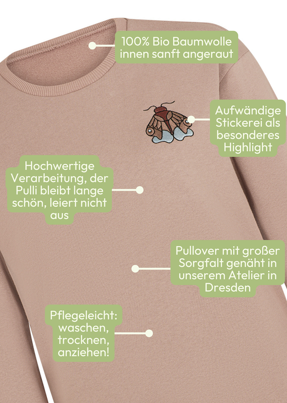 Die besonderen Merkmale zum Sweatshirt aus 100% Biobaumwolle mit kleiner Stickerei "Motte" von internaht