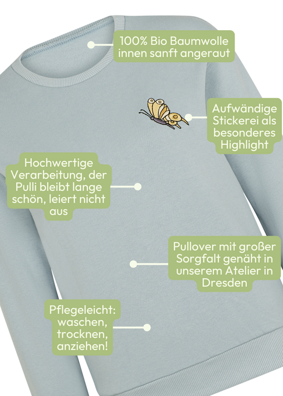 Die besonderen Merkmale zum Sweatshirt aus 100% Biobaumwolle mit kleiner Stickerei "Schmetterling" von internaht