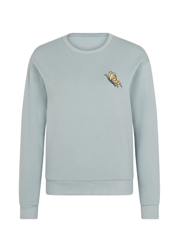 Hellblaues Sweatshirt mit Stickerei Schmetterling aus 100% Biobaumwolle von internaht