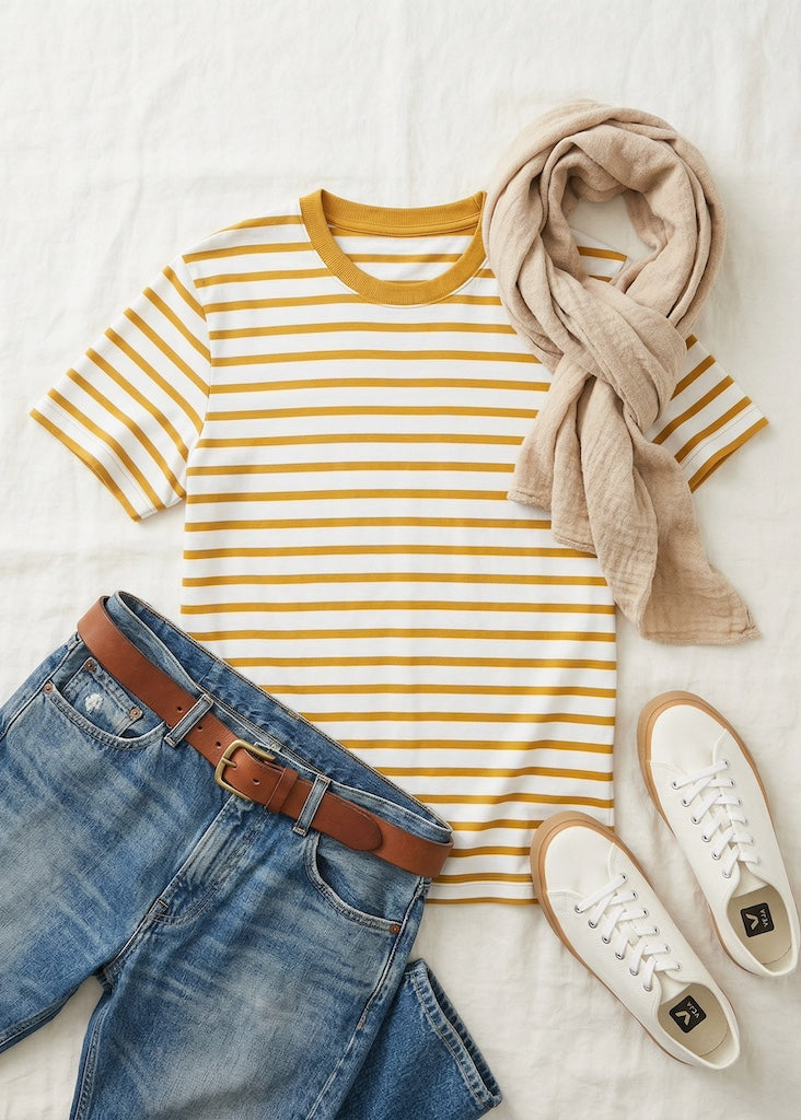 Style-Inspiration: T-Shirt Bio Baumwolle Damen Weiß-Senfgelb kombiniert – nachhaltige Damenmode von internaht