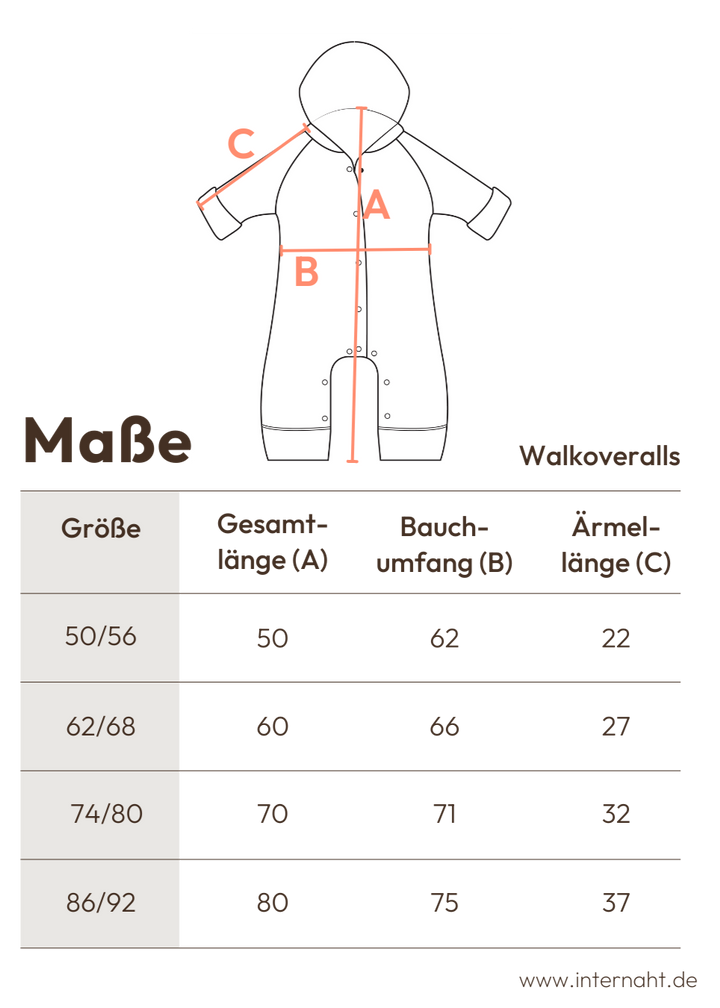 Wollwalk Overall Baby von internaht - Detaillierte Größentabelle mit Massangaben