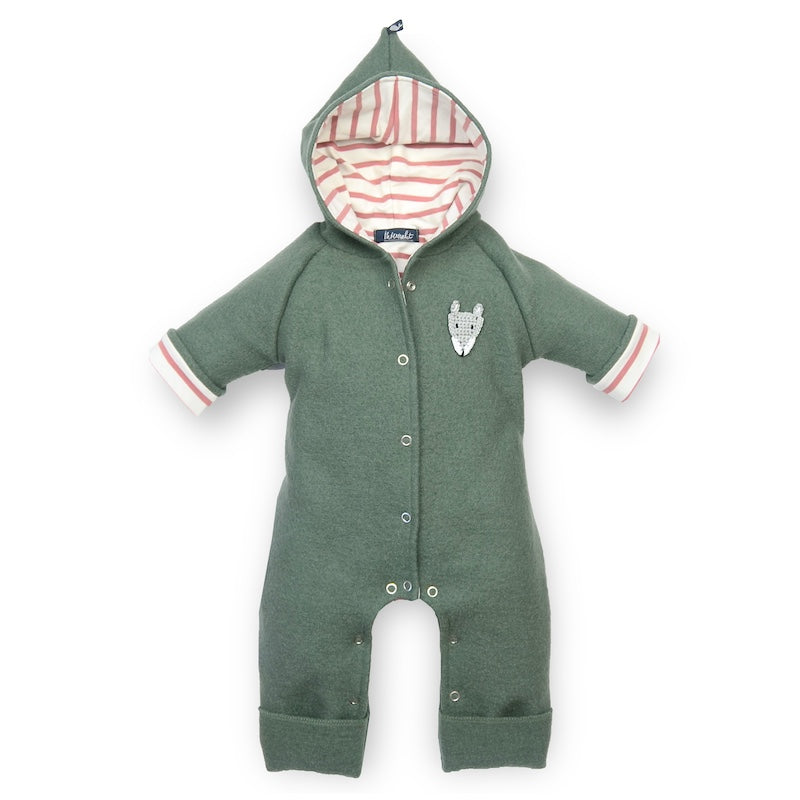 Wollwalk Overall Baby in Salbeigrün aus 100% Schurwolle mit Innenfutter aus 100% Bio Baumwolle von internaht