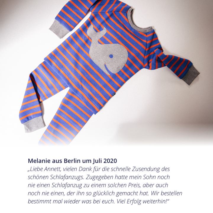 Kunden-Feedback zum Kinder Schlafanzug - Wal blau-Rot gestreift mit Wal-Applikation von internaht