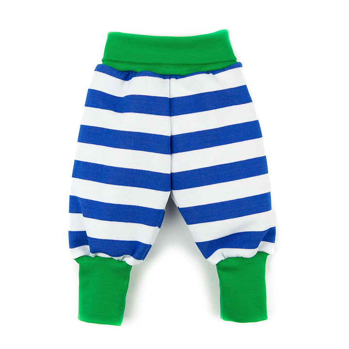 Baby-Hose blau weiß gestreift mit grünen Bündchen aus 100% Bio-Baumwolle