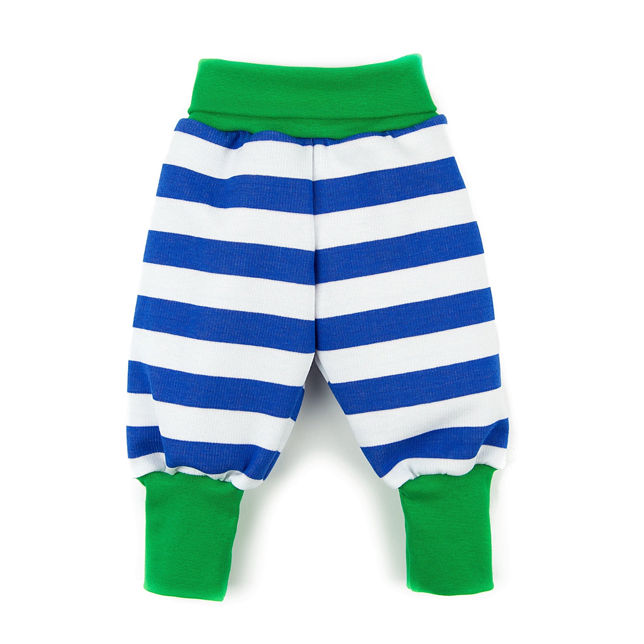 Baby-Hose blau weiß gestreift mit grünen Bündchen aus 100% Bio-Baumwolle