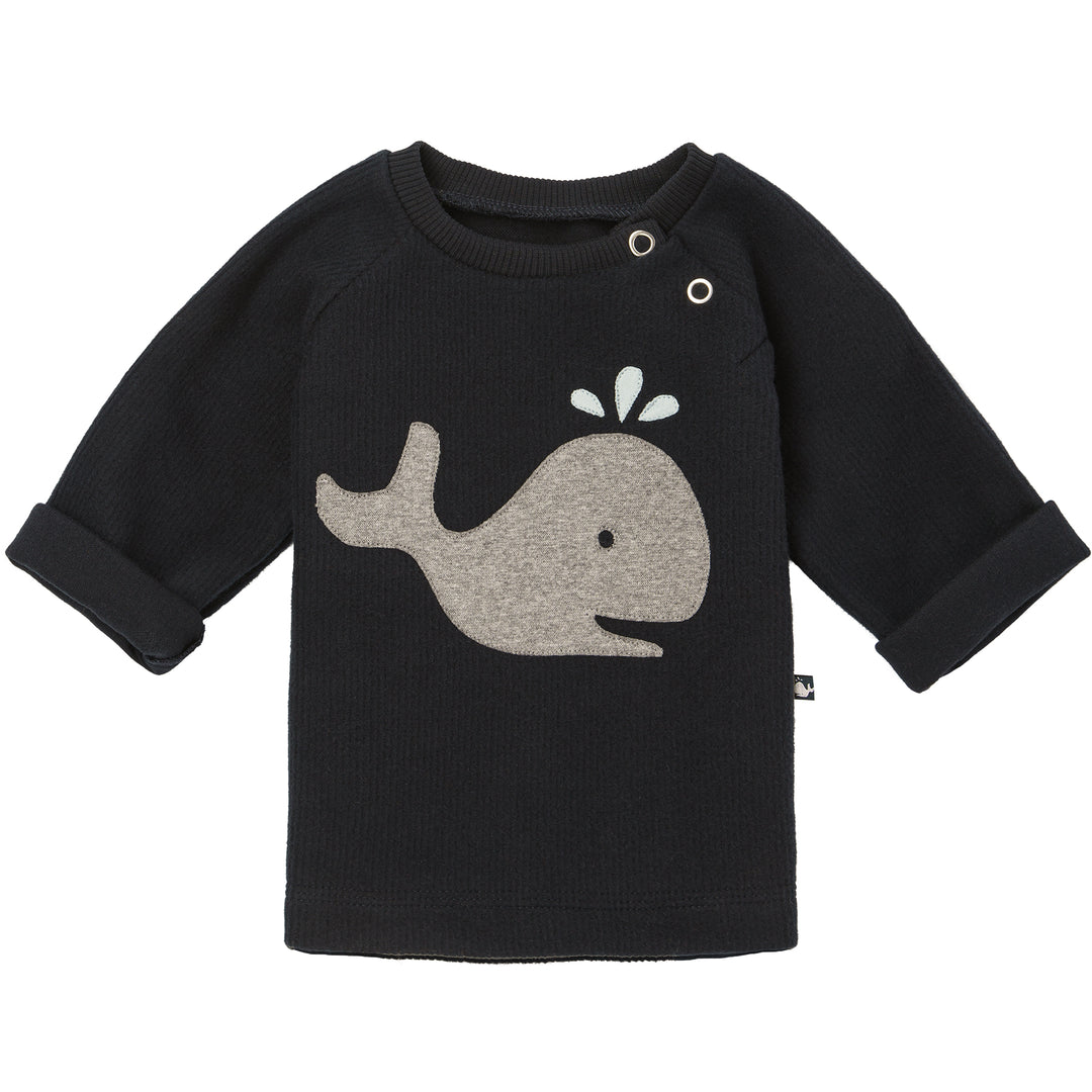 Dunkelblauer Baby Sweater mit Wal-Applikation von internaht aus 100% Biobaumwolle
