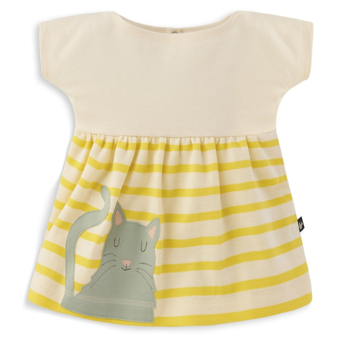 Gelb weiß gestreiftes Baby Sommerkleid mit sußer Katze aus 100% Bio Baumwolle von internaht