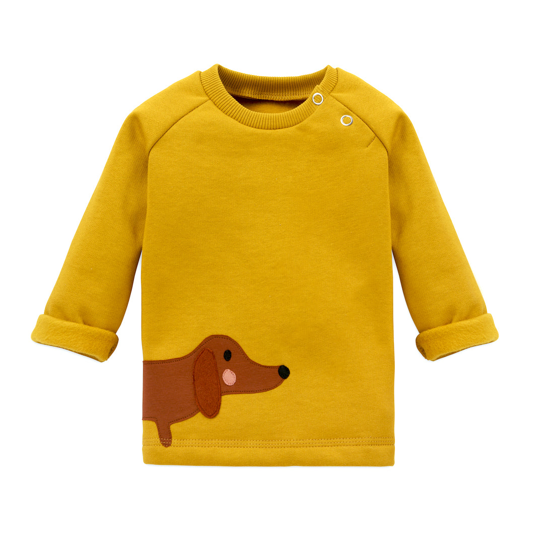 Senfgelber Baby Sweater mit Dackel-Applikation von internaht