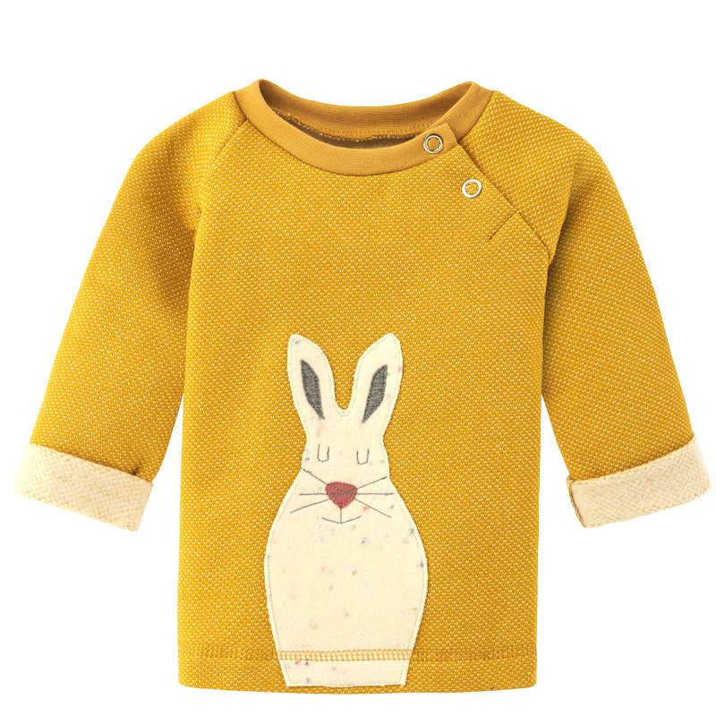 Gelbes Baby Sweatshirt Schneehase aus 100% Bio Baumwolle von internaht
