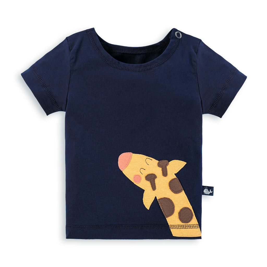Dunkelblaues Baby T-Shirt mit Applikation Giraffe aus Bio Baumwolle von internaht